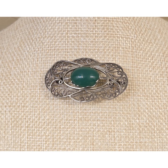 Stunning Art Nouveau Sterling Silver & Jade Brooch / Pendant - Picture 2 of 7